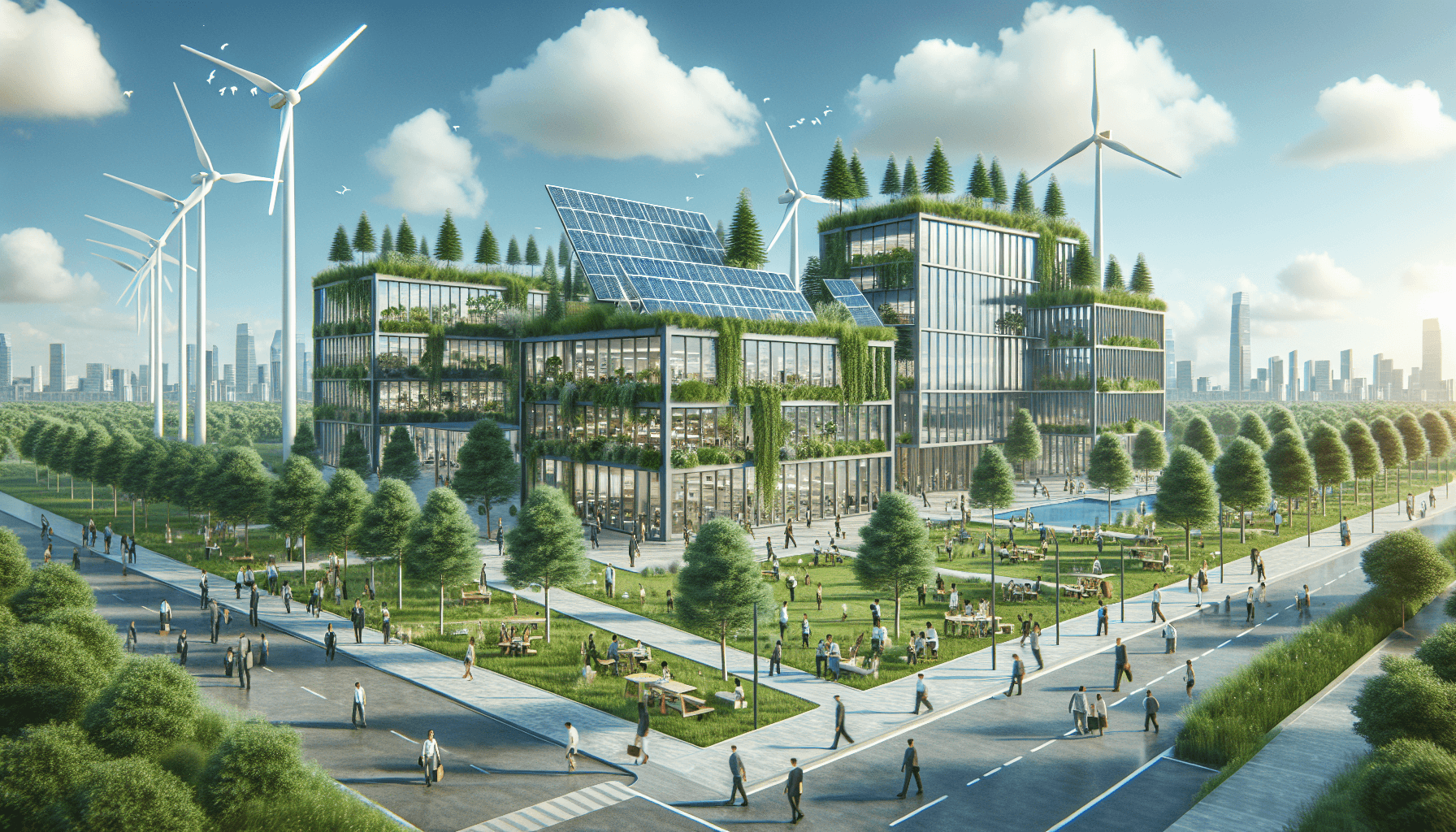 Eco-vriendelijke bedrijfscampus met groene ruimtes